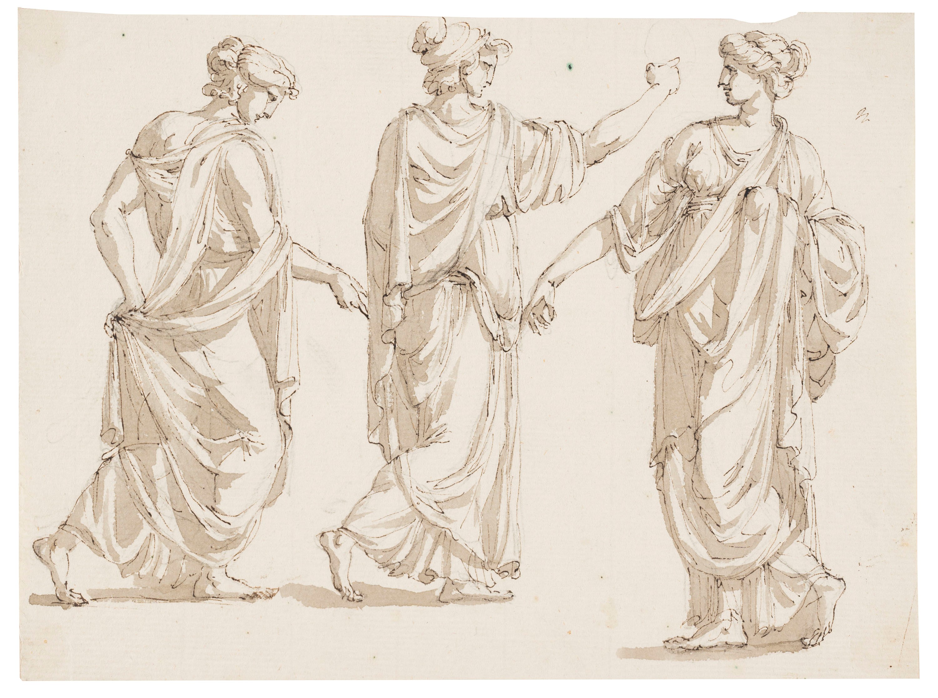 Giacomo Rossi - Studi di figure classiche, tre disegni a penna e inchiostro bruno con acquerello ...
