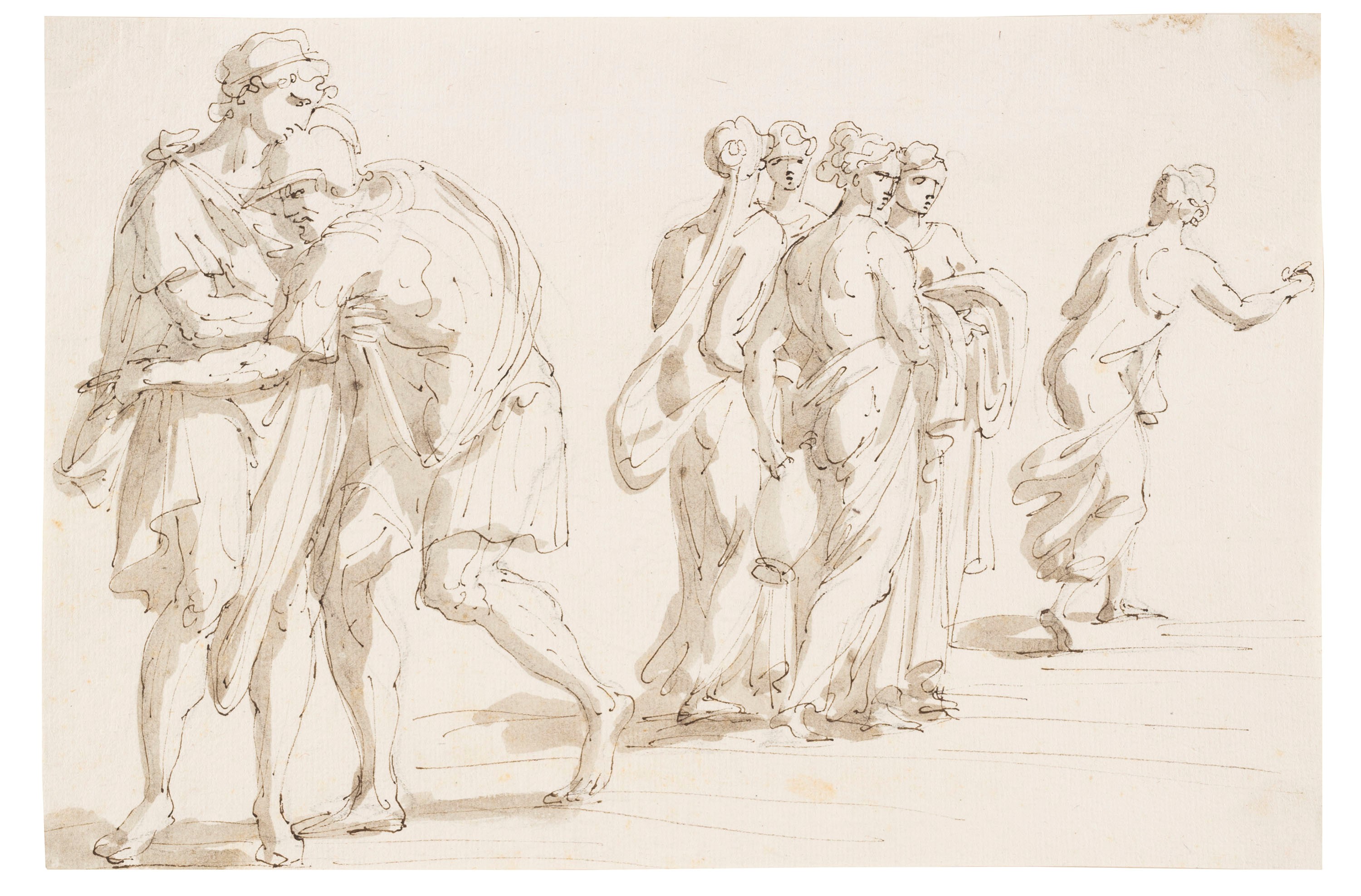 Giacomo Rossi - Studi di figure classiche, tre disegni a penna e inchiostro bruno con acquerello ...