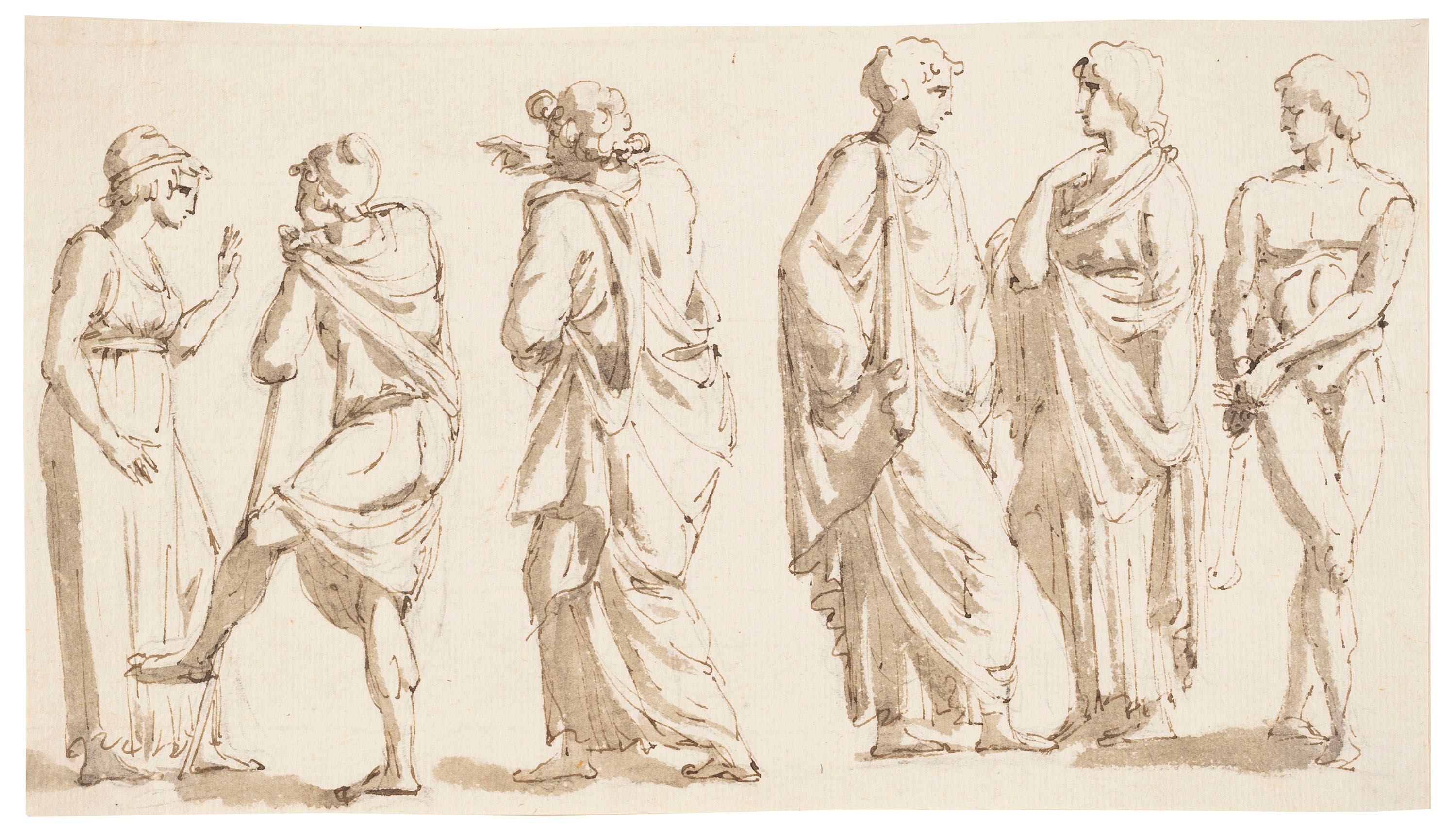 Giacomo Rossi - Studi di figure classiche, tre disegni a penna e inchiostro bruno con acquerello ...