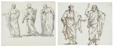 Studi di figure classiche, due disegni a penna, inchiostro bruno e acquerello grigio