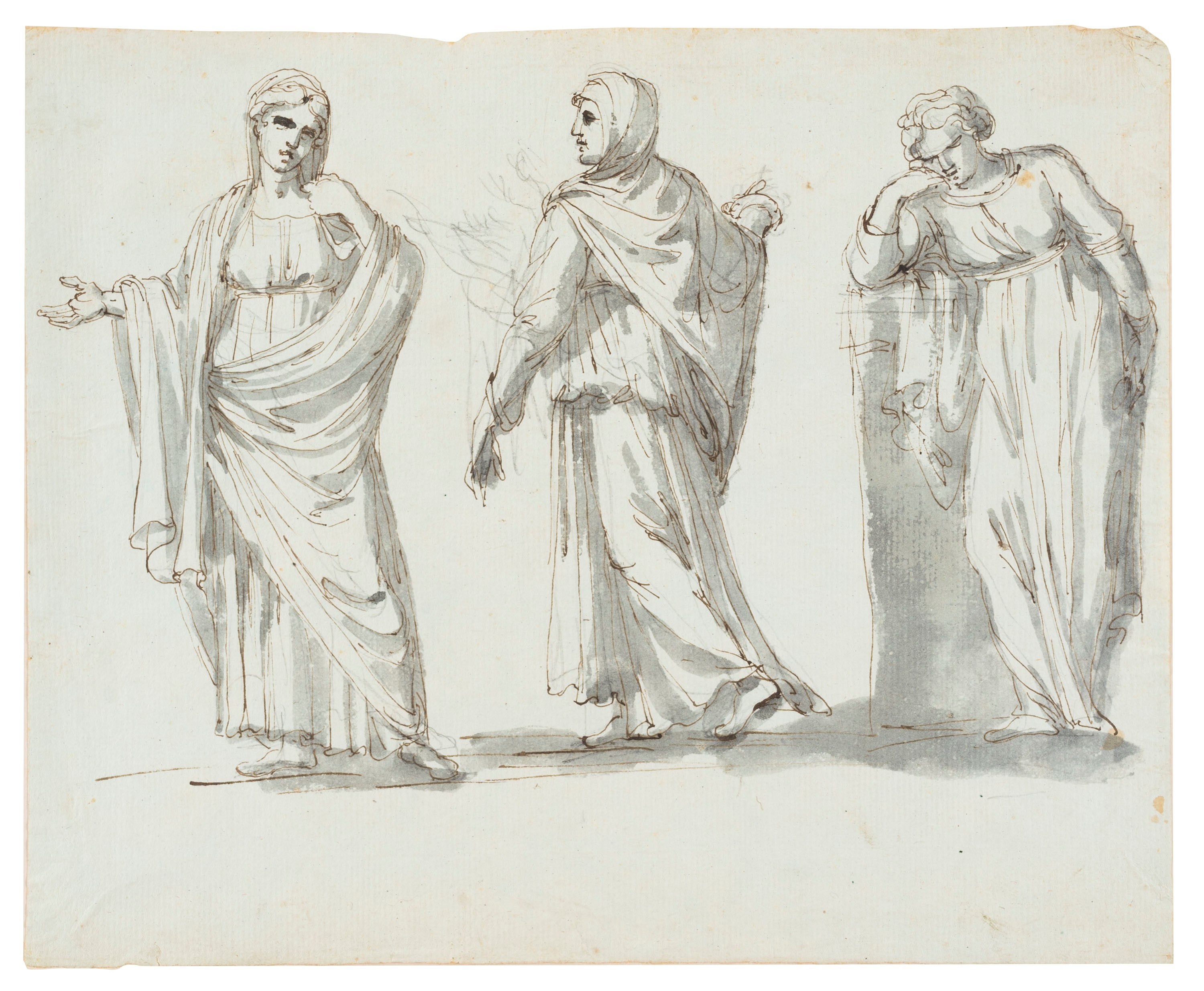 Giacomo Rossi - Studi di figure classiche, due disegni a penna, inchiostro bruno e acquerello gri...