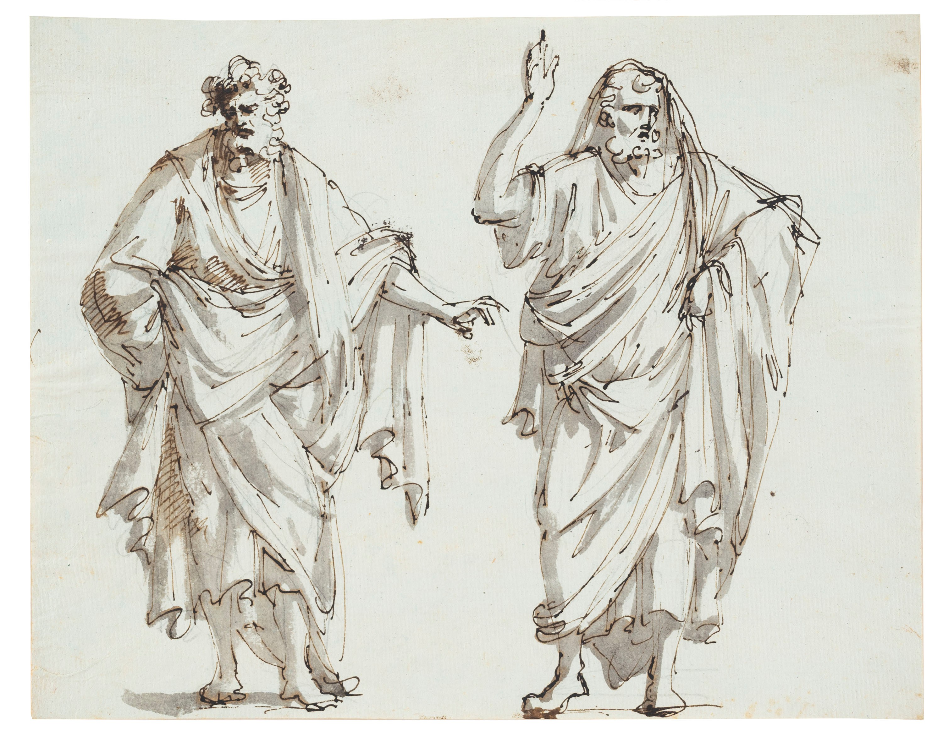 Giacomo Rossi - Studi di figure classiche, due disegni a penna, inchiostro bruno e acquerello gri...