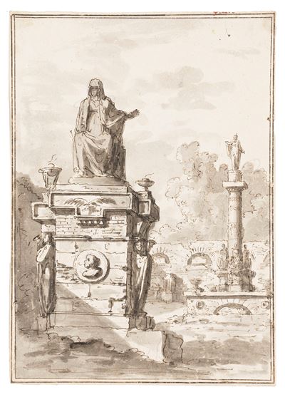 Capriccio architettonico con ara e colonna, penna, inchiostro bruno e acquerello grigio su carta