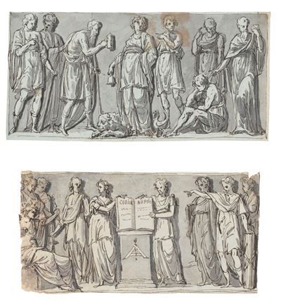Studi per scene classiche, quattro disegni a penna e acquerello