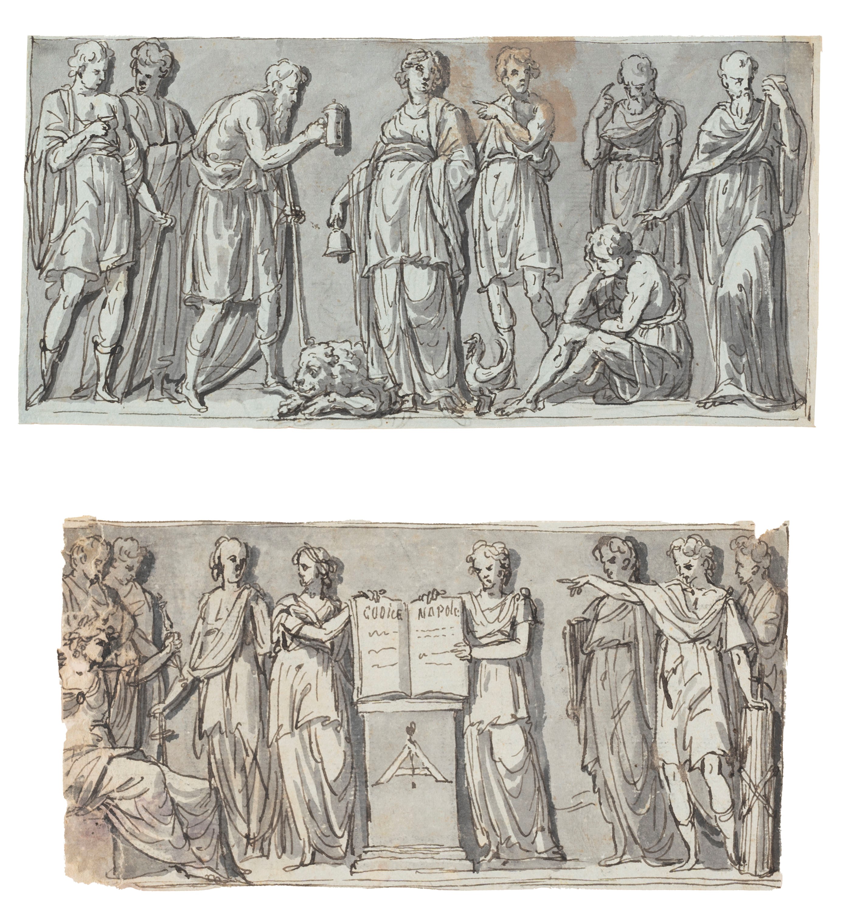 Giacomo Rossi - Studi per scene classiche, quattro disegni a penna e acquerello