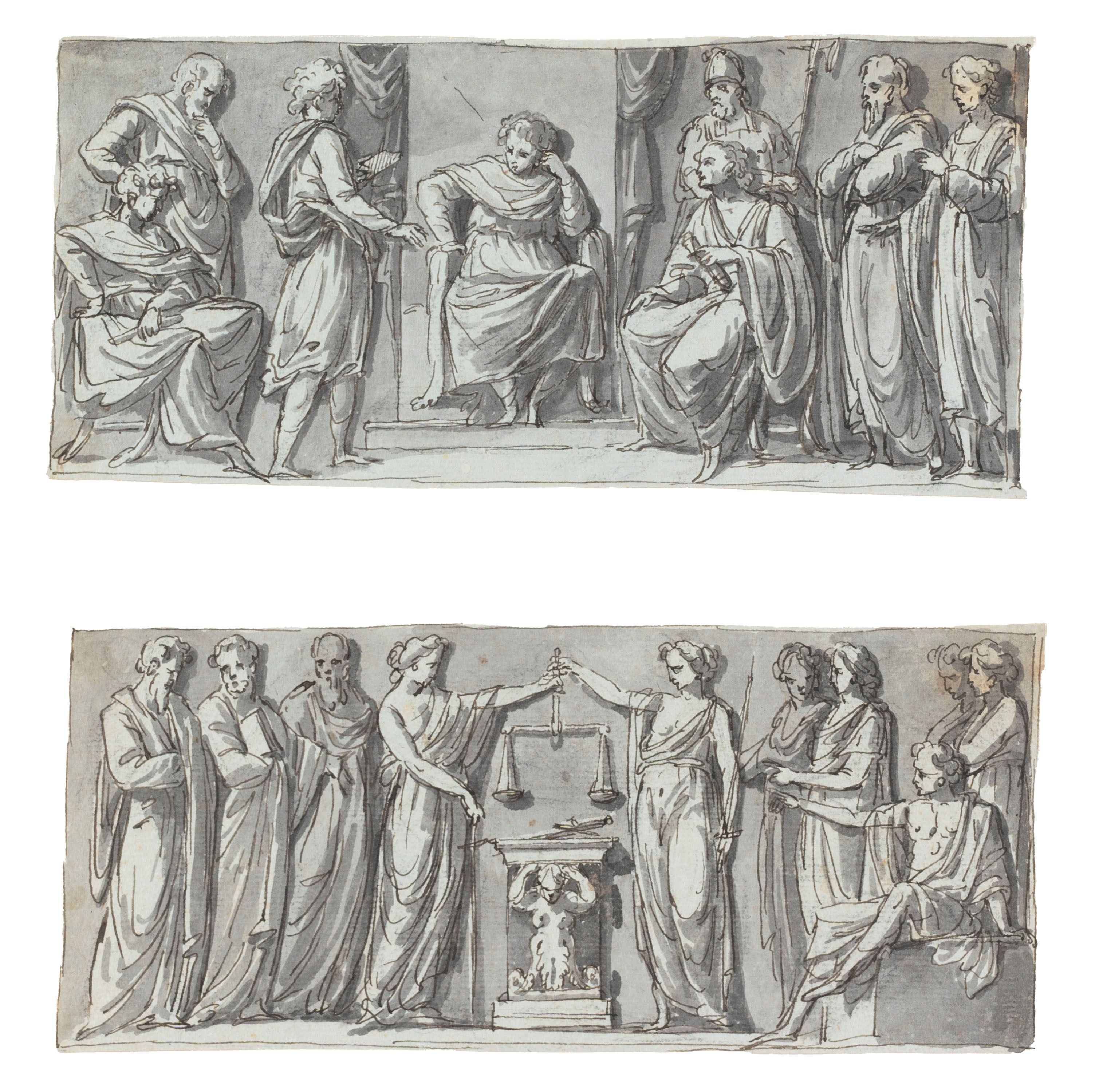 Giacomo Rossi - Studi per scene classiche, quattro disegni a penna e acquerello