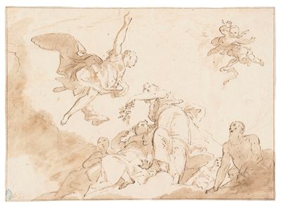 Autore non identificato, Scena allegorica, penna, inchiostro bruno e acquerello bruno su carta