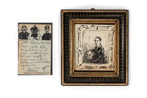 Autoritratto in cornice e cartolina con disegni