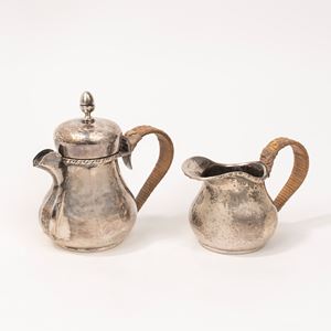 Silver coffee pot and milk jug with wicker-covered handle, 20th century