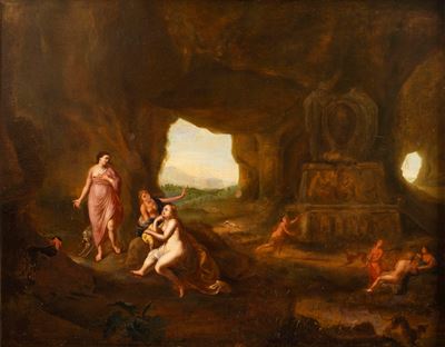 Diana e Atteone presso una grotta con rovine classiche, olio su rame