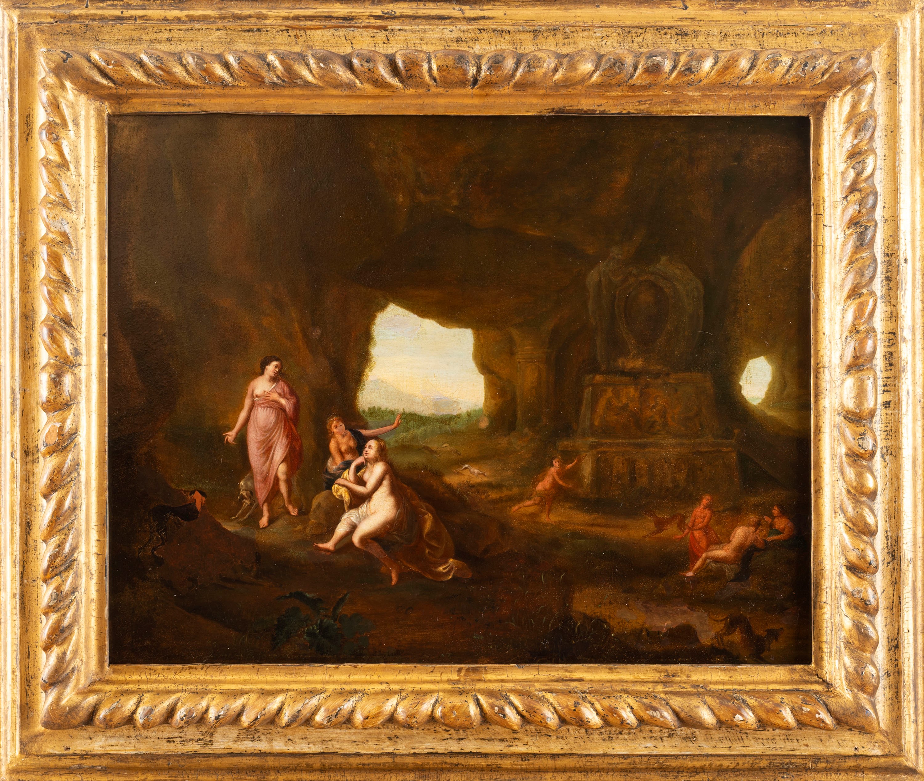 Abraham Van Cuylenborch - Diana e Atteone presso una grotta con rovine classiche, olio su rame