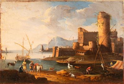 Jacob de Heusch, Paesaggio costiero con figure, olio su tela