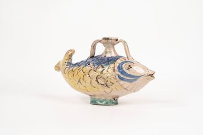 Antica Fiasca a Forma di Pesce in Maiolica Policroma