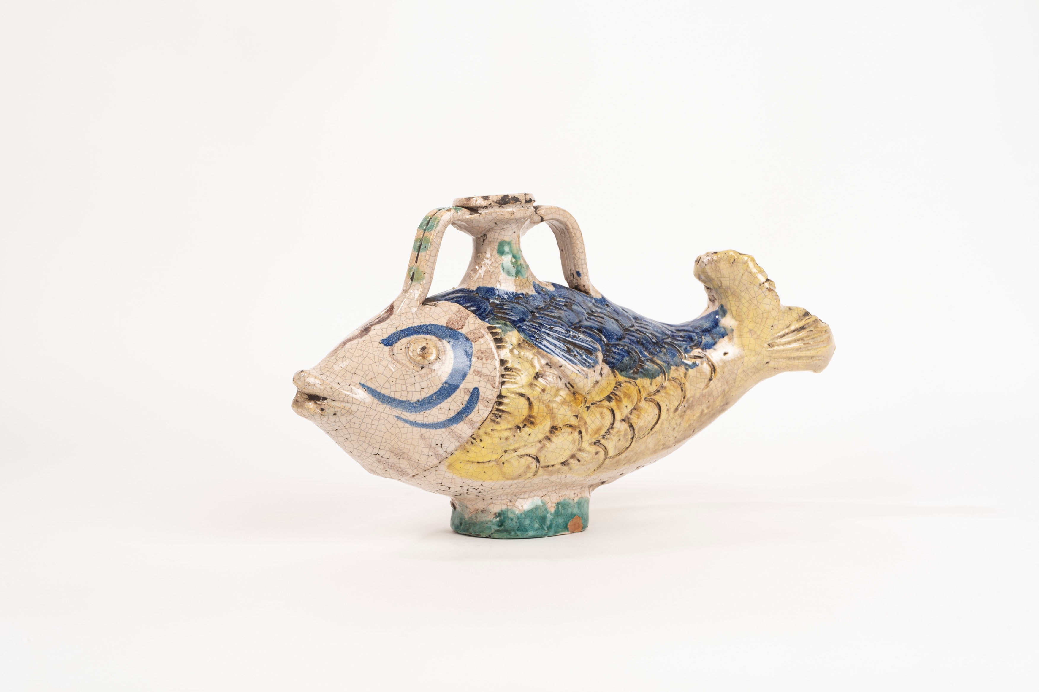 Antica Fiasca a Forma di Pesce in Maiolica Policroma