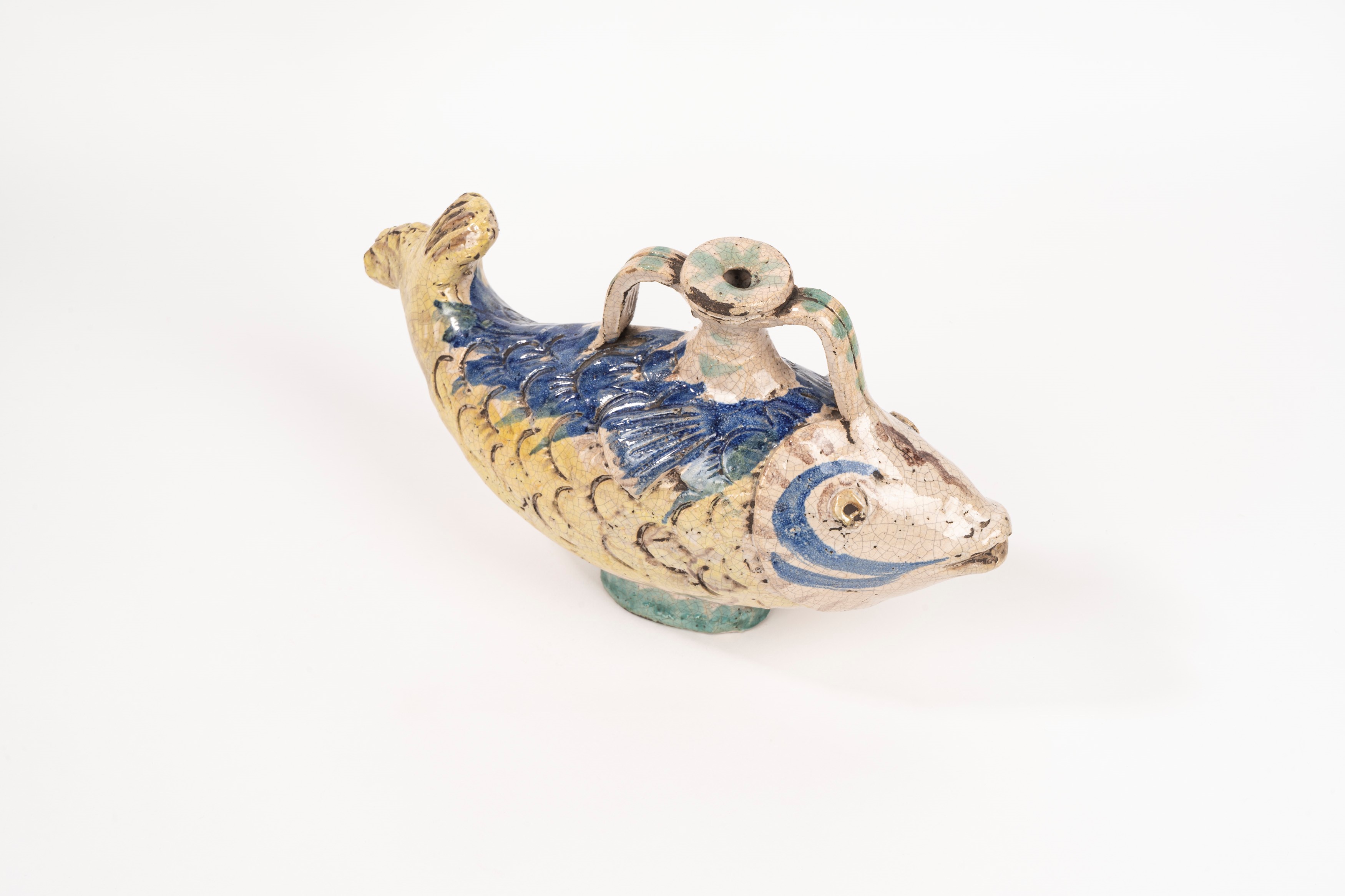 Antica Fiasca a Forma di Pesce in Maiolica Policroma