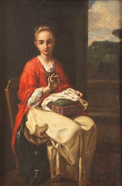 Giovane donna che cuce, olio su tela