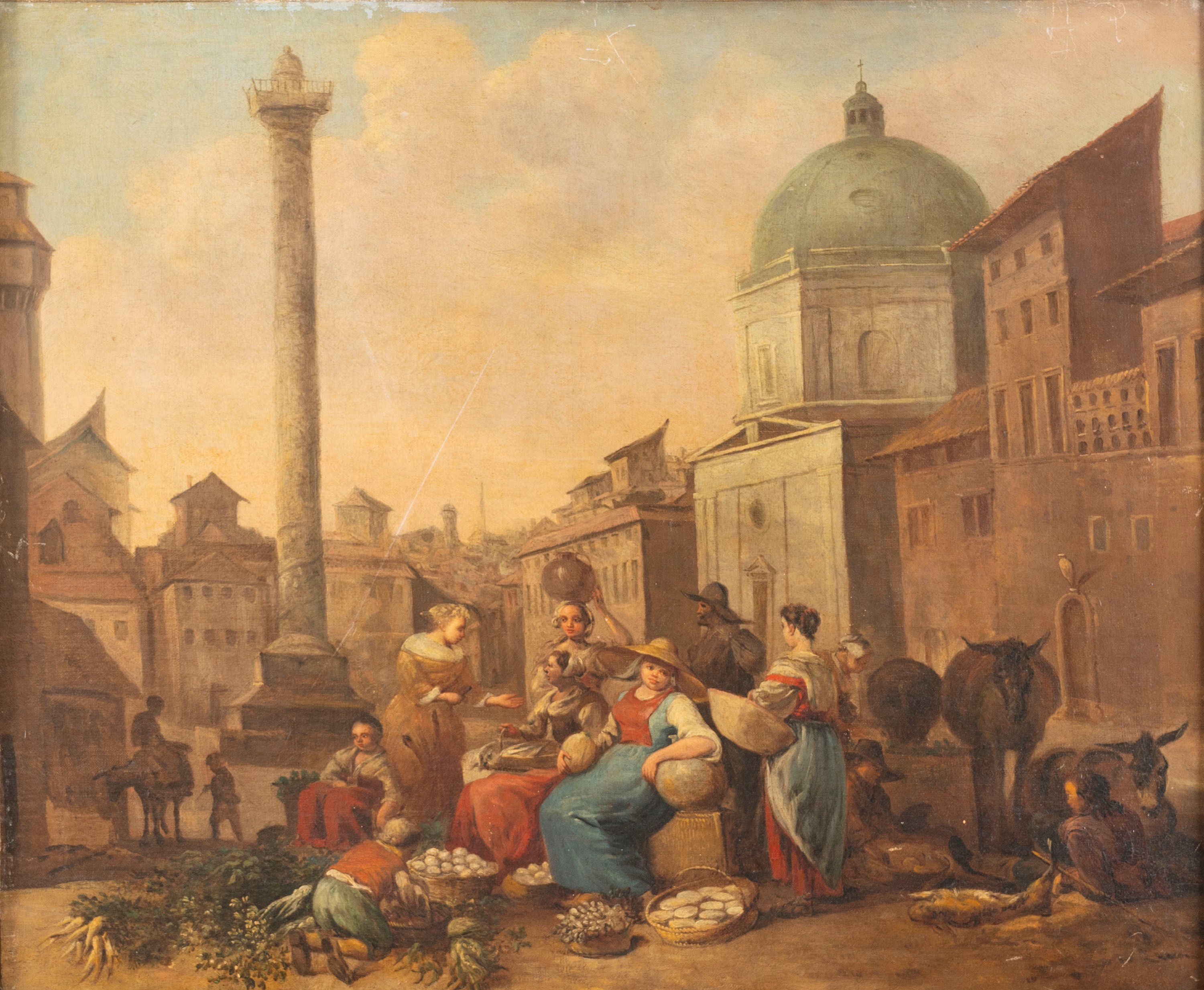Cerchia di Hendrick Mommers (1623 - 1693) - Hendrick Mommers, Due scene di mercato con vedute di ...