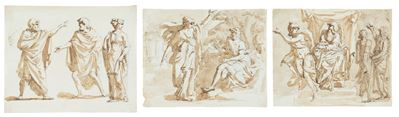 Studi per scene classiche, tre disegni a penna, inchiostro e acquerello