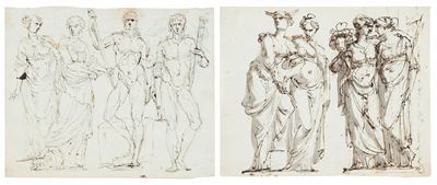 Studi per scene classiche, due disegni a penna, inchiostro bruno e acquerello su carta