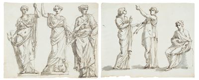 Studi per scene classiche, due disegni a penna e acquerello su carta