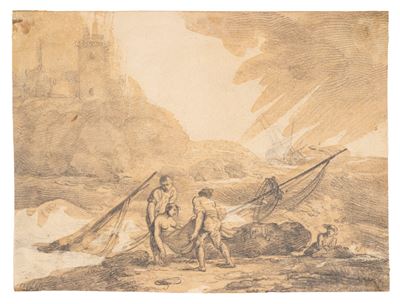 Adrien Manglard, Scena di naufragio, matita, sfumino e acquerello bruno su carta