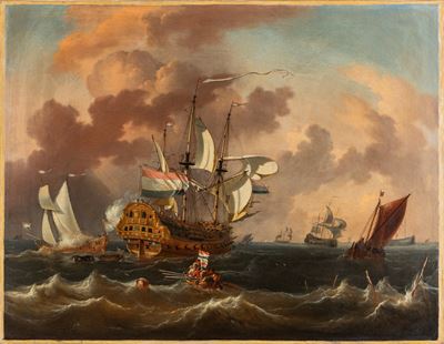 Marina con vascelli in navigazione, olio su tela