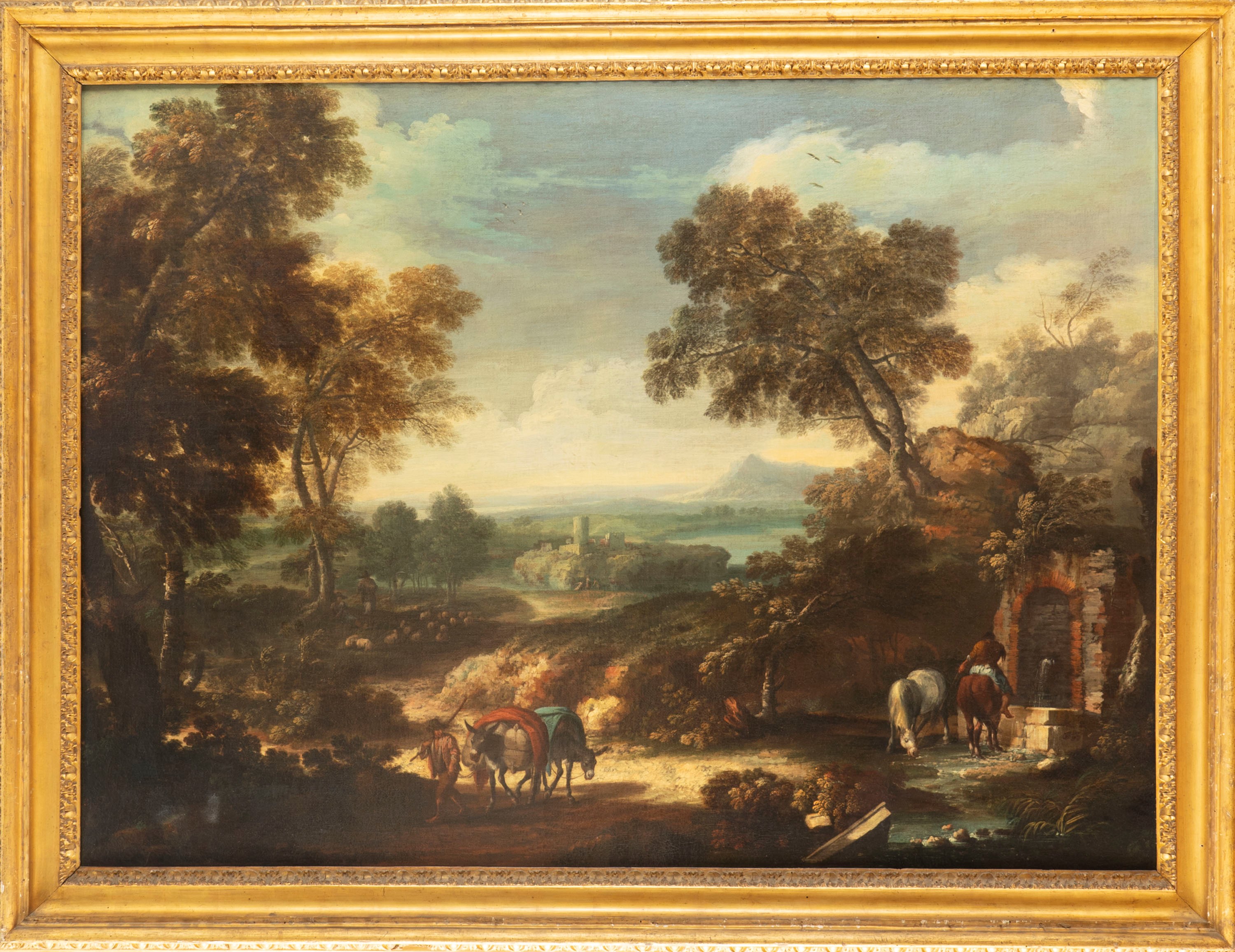 Attribuito a Frederik De Moucheron (emden 1633 – Amsterdam 1686) - Paesaggio boschivo con viandan...