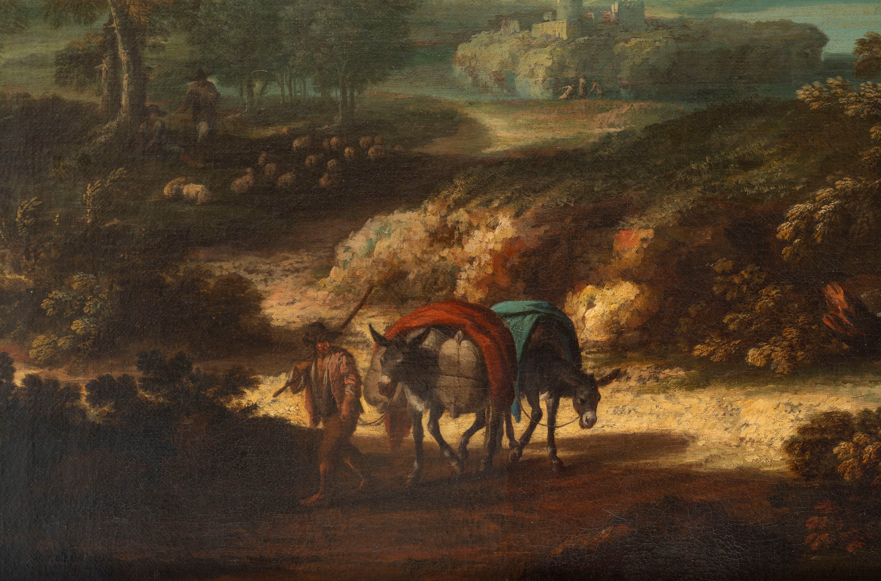 Attribuito a Frederik De Moucheron (emden 1633 – Amsterdam 1686) - Paesaggio boschivo con viandan...