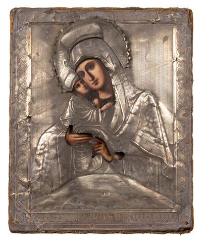 Icona con Riza in Argento Raffigurante Madonna di Vladimir. Russia, Secolo XIX