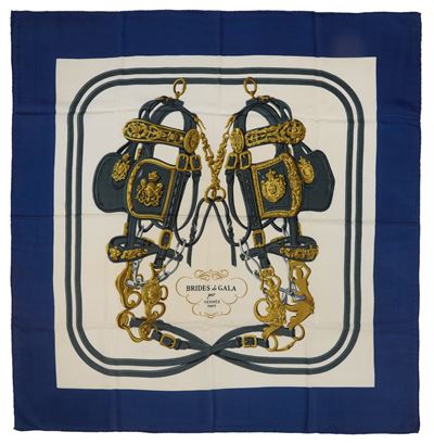 Hugo Grygkar, Foulard Brides de Gala, seta su fondo panna con bordo blu, 1967