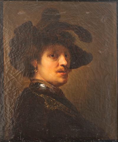Ritratto di uomo con cappello piumato, olio su tela