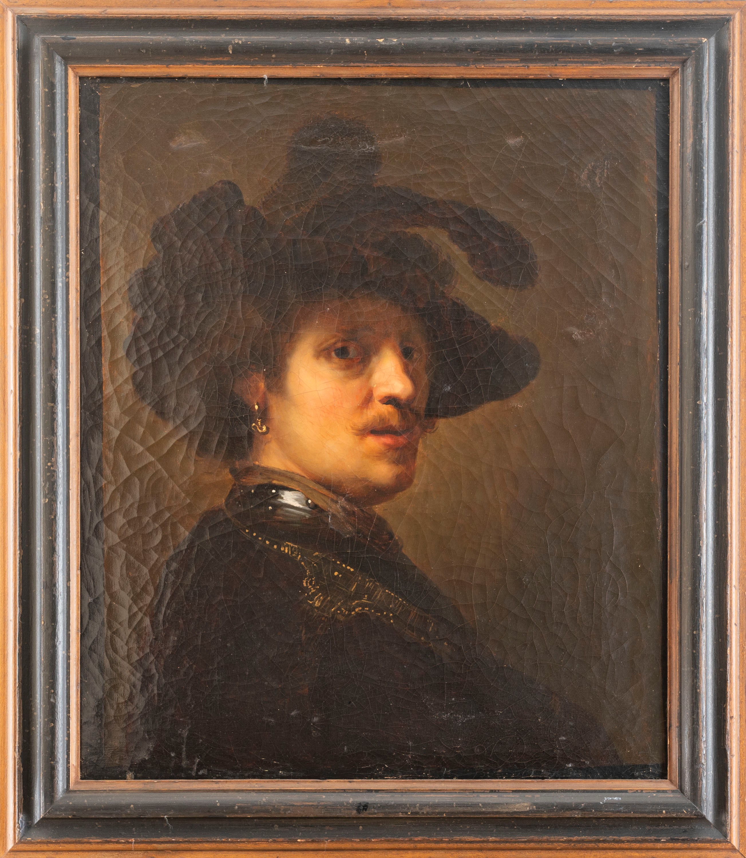 Da Rembrandt - Ritratto di uomo con cappello piumato, olio su tela