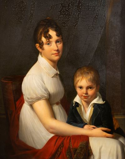 Ritratto di gentildonna seduta con il figlio, olio su tela