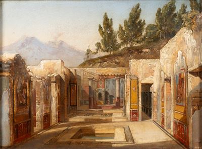 Veduta prospettica della casa del poeta tragico a Pompei, olio su tela