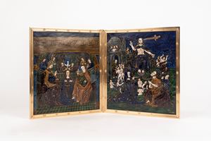 Antico dittico in smalto di Limoges raffigurante scene bibliche