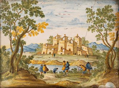 Mattonella in Maiolica Raffigurante Paesaggio con Borgo e Astanti, Manifattura Castelli, Secolo X...
