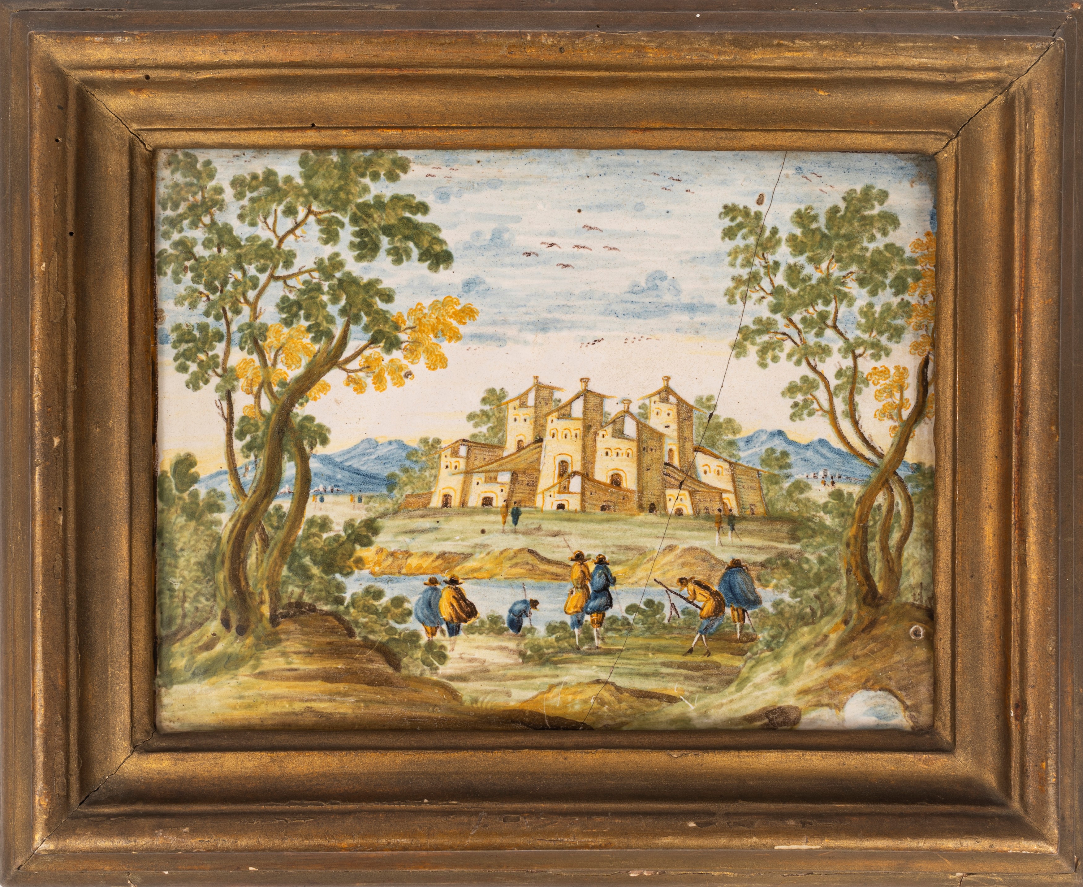 Mattonella in Maiolica Raffigurante Paesaggio con Borgo e Astanti, Manifattura Castelli, Secolo X...