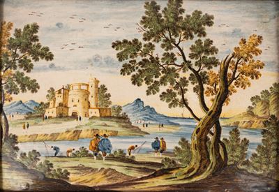 Mattonella in Maiolica Raffigurante Paesaggio con Borgo e Astanti, Manifattura Castelli, Secolo X...