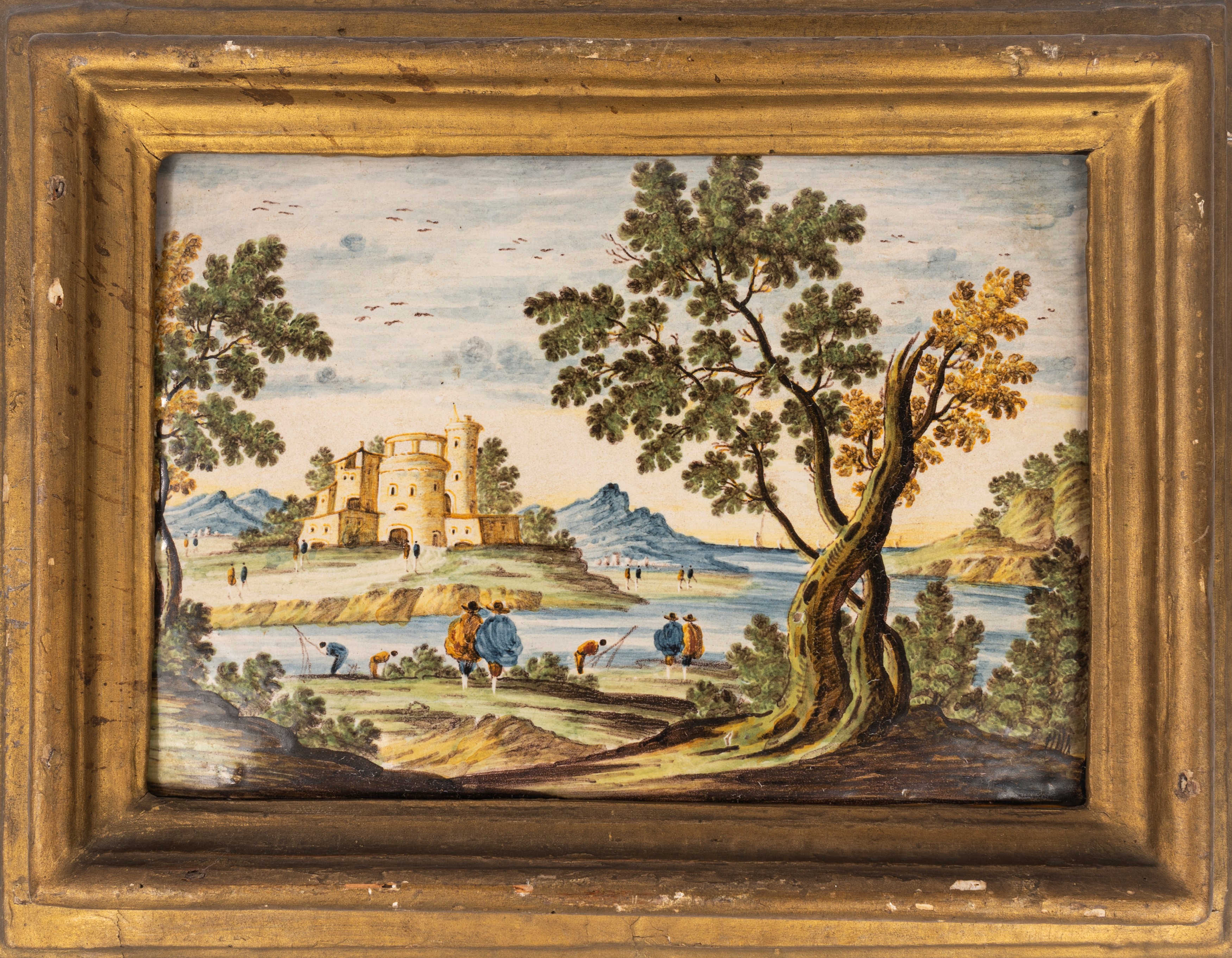 Mattonella in Maiolica Raffigurante Paesaggio con Borgo e Astanti, Manifattura Castelli, Secolo X...