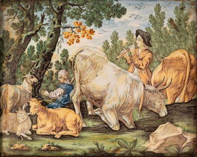 Mattonella in Maiolica Raffigurante Scena Pastorale, Manifattura Castelli, Secolo XVIII