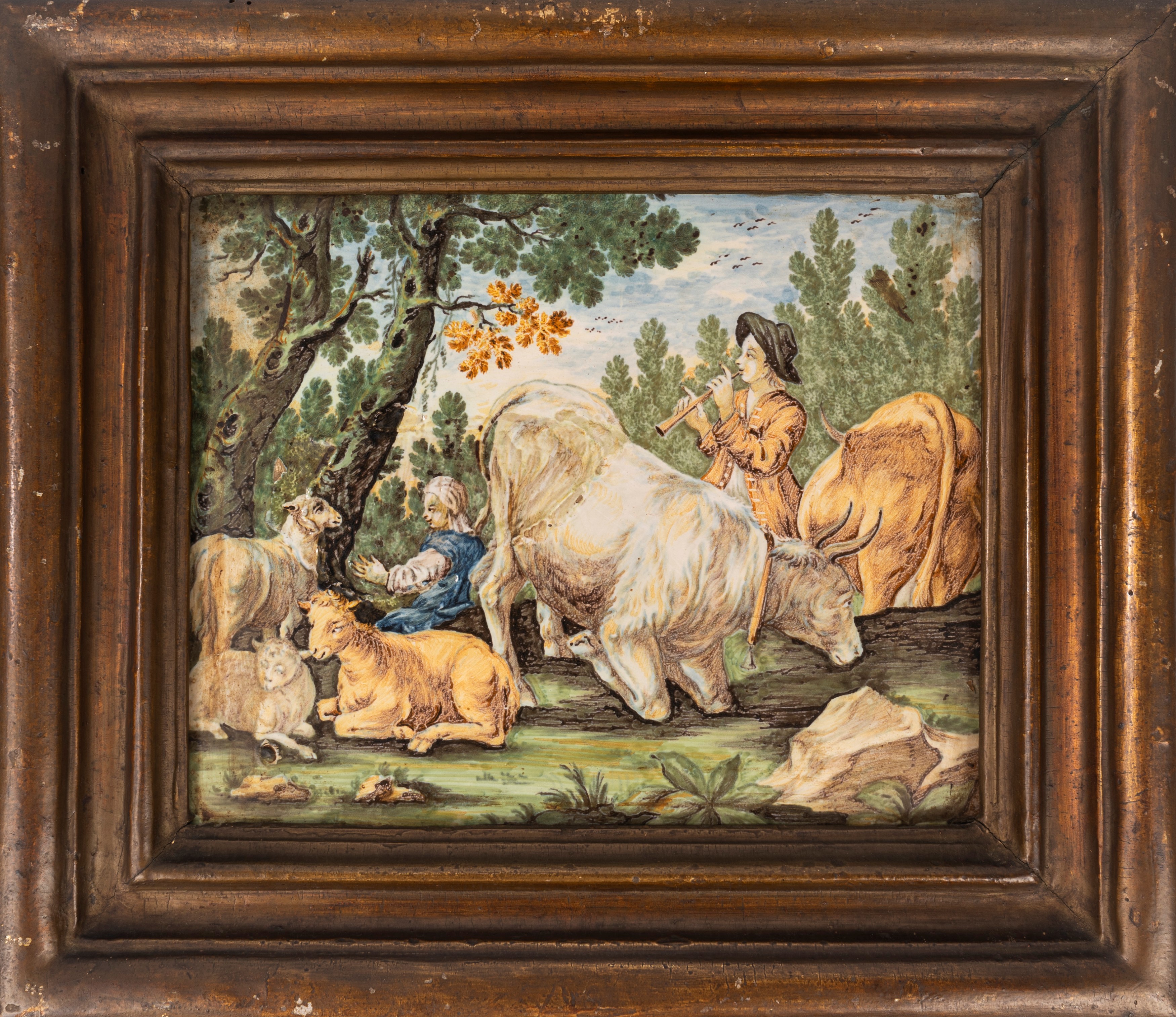 Mattonella in Maiolica Raffigurante Scena Pastorale, Manifattura Castelli, Secolo XVIII