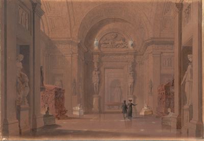 Sala del Museo Pio Clementino con il sarcofago di Costanza, penna, inchiostro, acquerello e biacc...