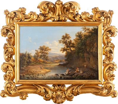 Paesaggio Fluviale Entro Cornice Riccamente Intagliata e Dorata