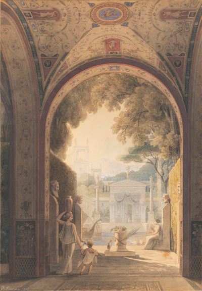Studio per veduta di città classica, penna, inchiostro e acquerello su carta