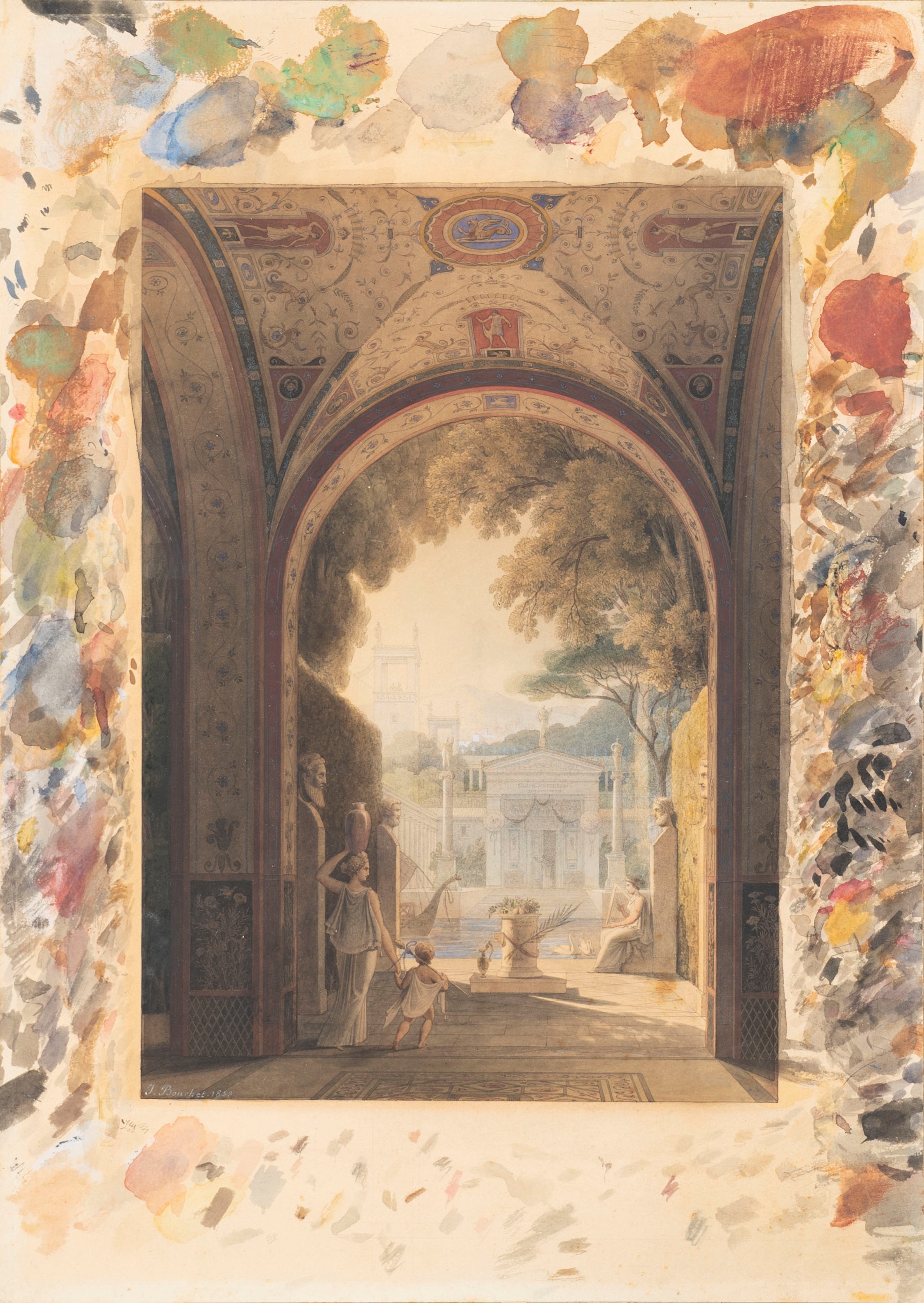 jules-fréDéric Bouchet - Studio per veduta di città classica, penna, inchiostro e acquerello su c...