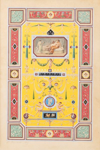 Pannello decorato a grottesche, penna, inchiostro e acquerello su carta, 1845