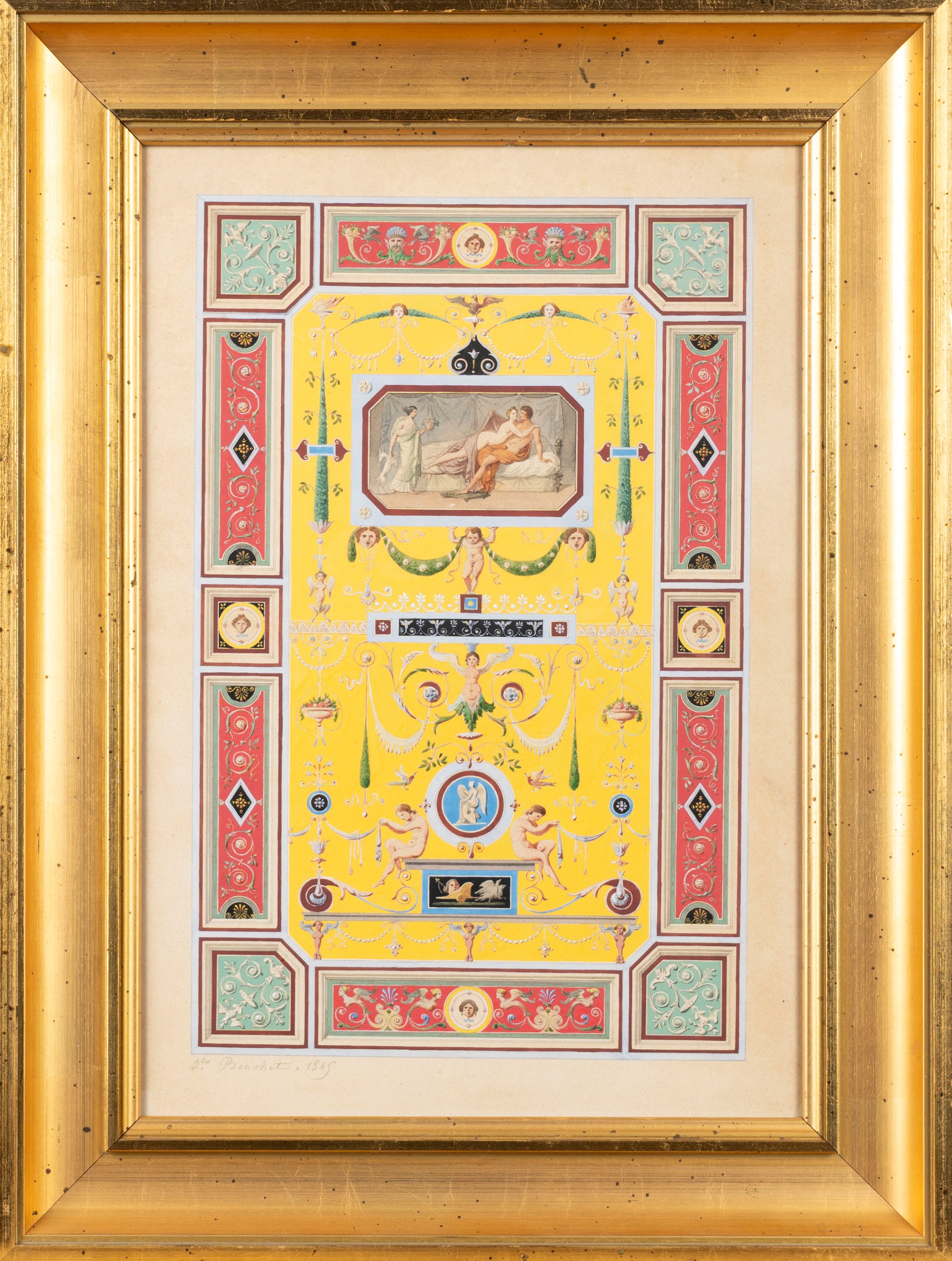 jules-fréDéric Bouchet - Pannello decorato a grottesche, penna, inchiostro e acquerello su carta,...