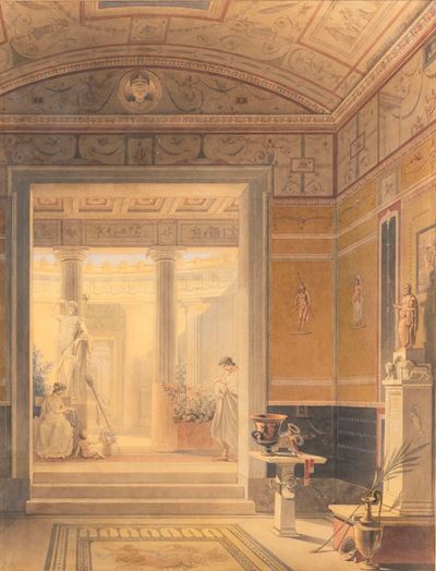 Tablino di una villa pompeiana, penna, inchiostro e acquerello su carta