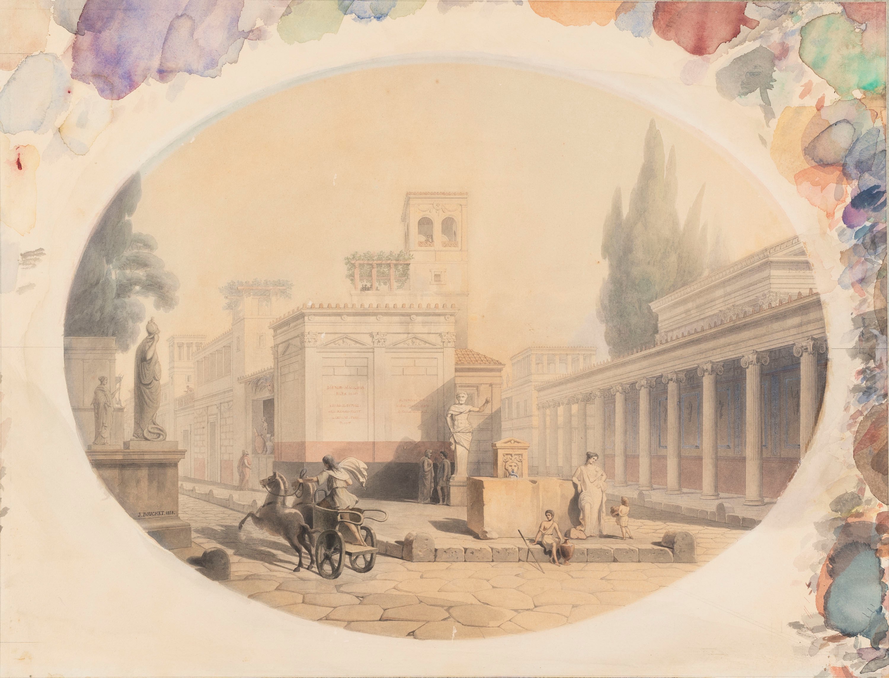 jules-fréDéric Bouchet - Bivio pompeiano, penna, inchiostro e acquerello su carta