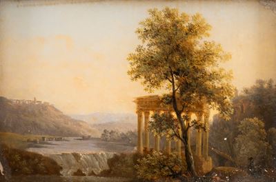Paesaggio arcadico con cascata e tempio classico, dipinto sottovetro